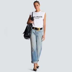 Balmain Paris tank top TAN with Gold Shoulder Buttons and front logo